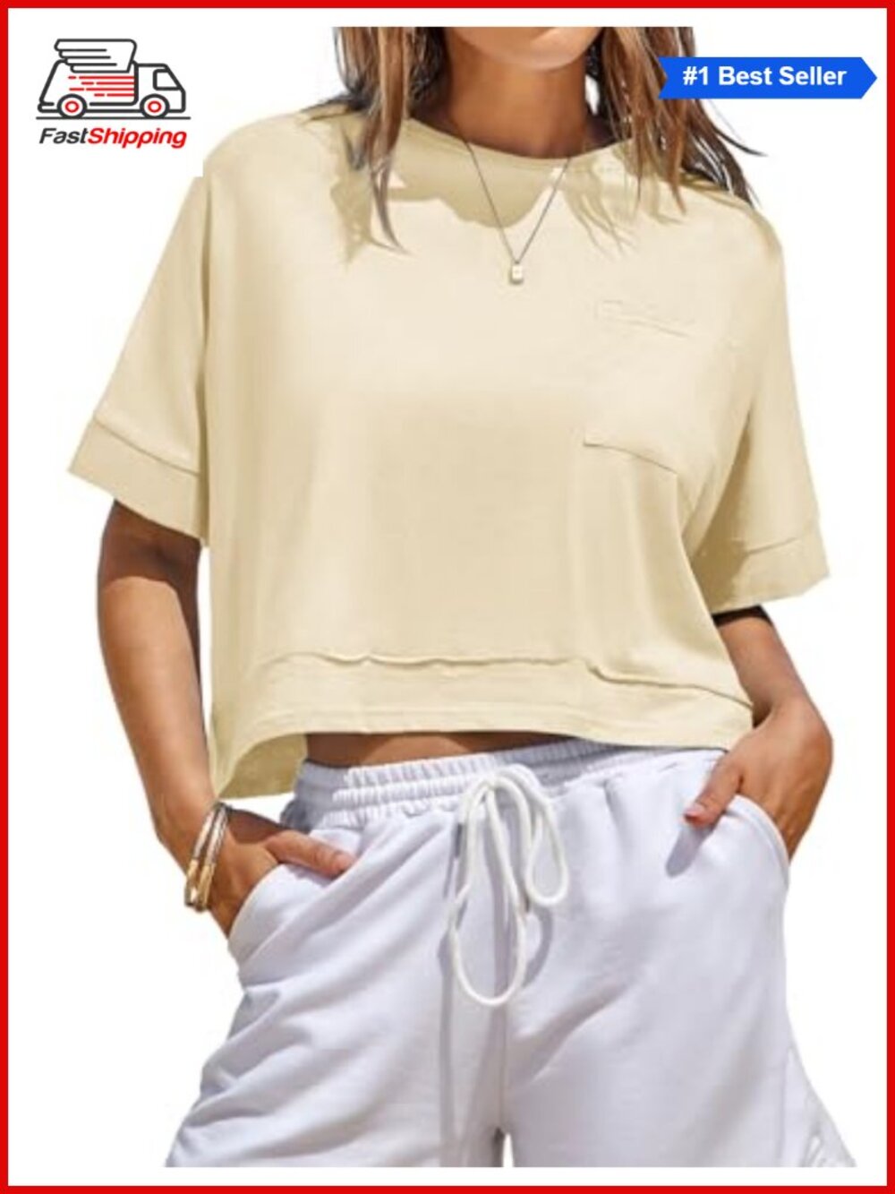 Oversized Crop Top Workout Short Sleeve Loose Tee with Pockets